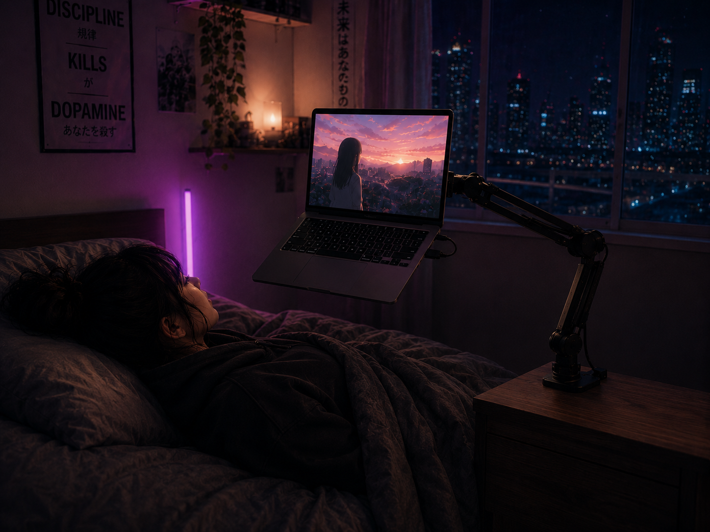 Anime watching setup with laptop arm