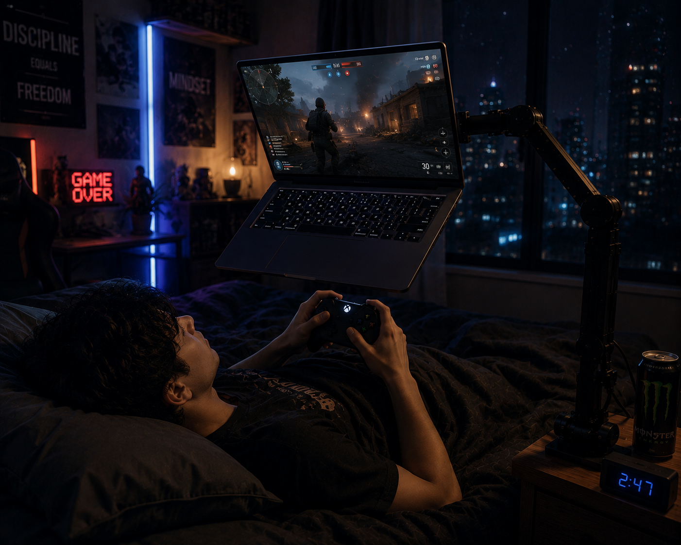 Gaming setup with laptop arm