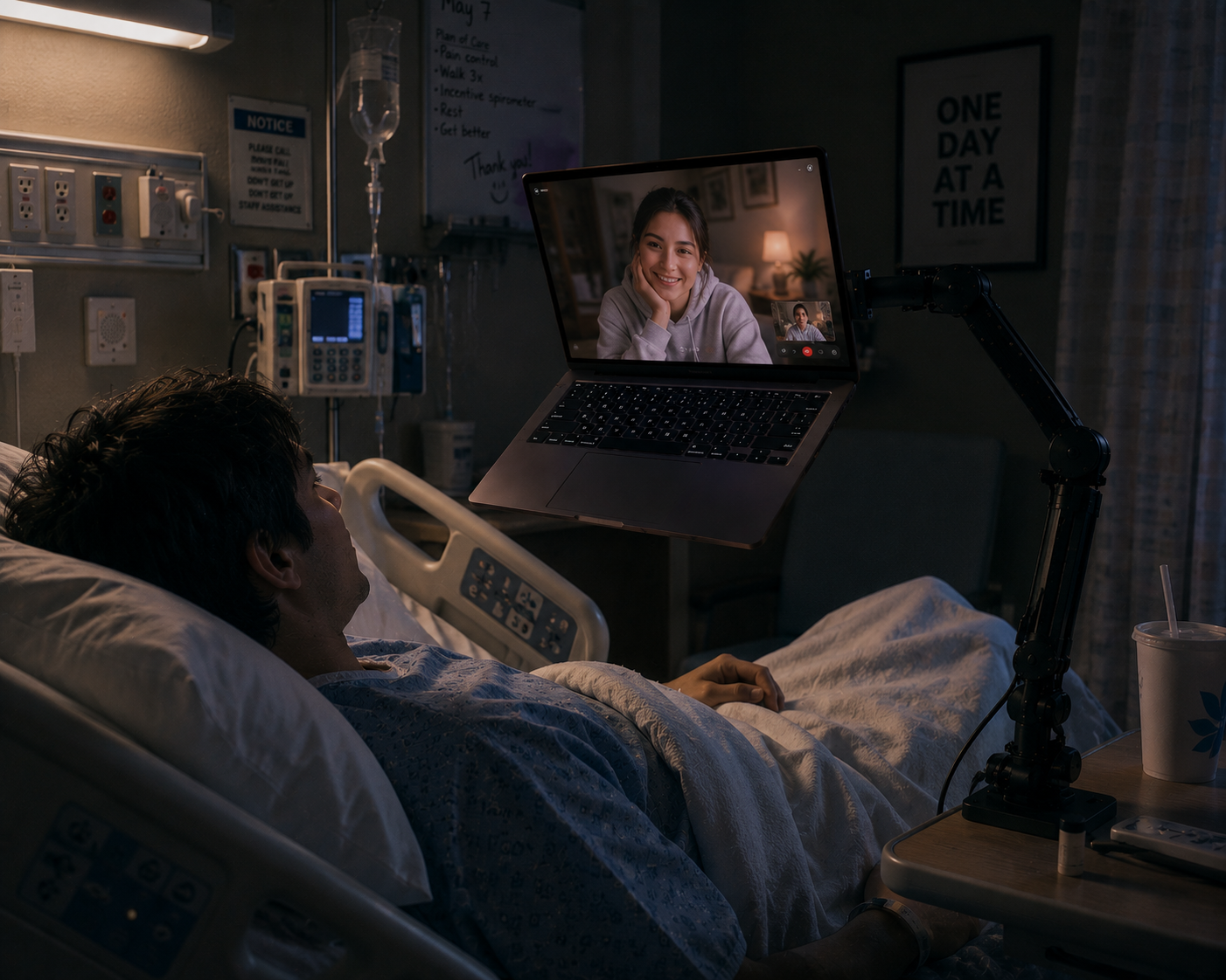 Hospital patient using laptop arm for video call