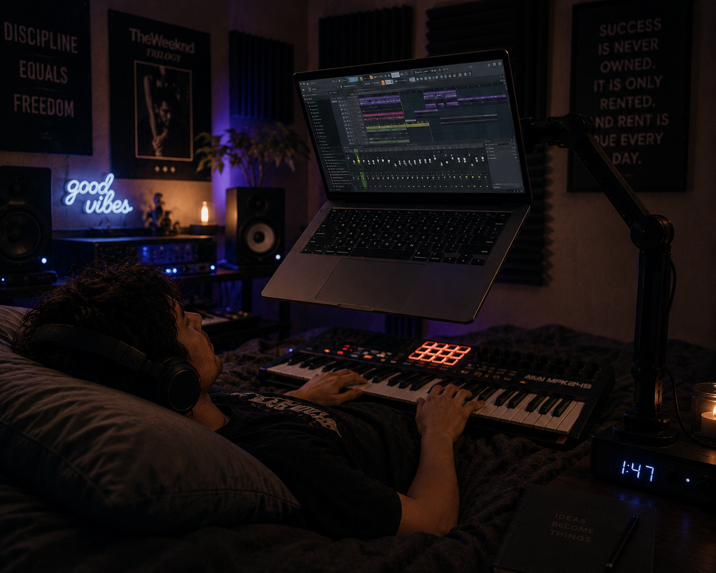 Music producer using laptop arm over MIDI keyboard